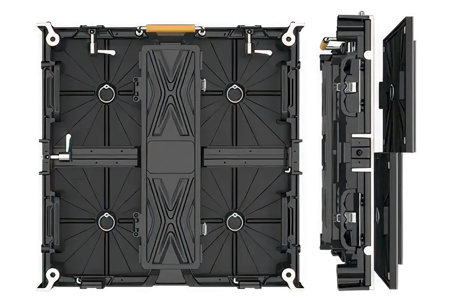 Rear of an ARECH rental LED cabinet, die-cast frame with quick locks, handles and alignment pins